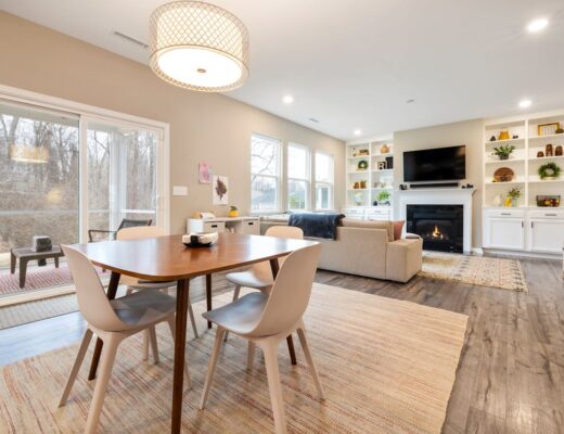 wooden dining table in a modern living room