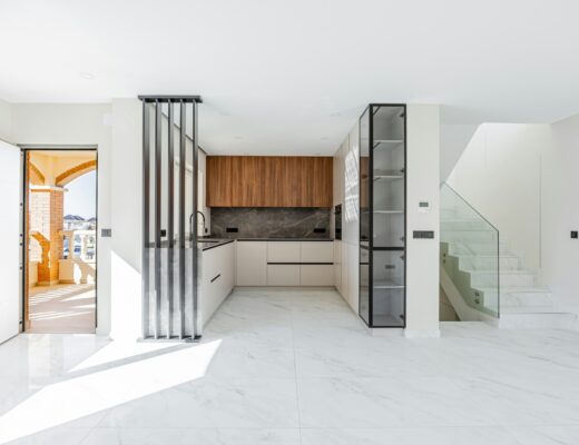 bright modern kitchen with white floors