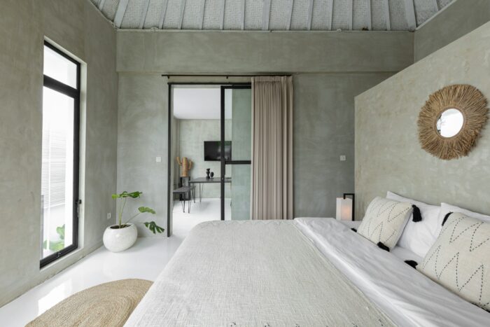 white and grey bedroom in a modern holiday villa in Bali white and grey bedroom in a modern holiday villa in Bali
