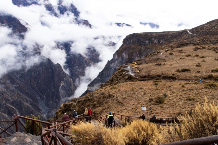 Breathtaking landscape of Colca Canyon with hikers exploring Cabanaconde, Arequipa, Peru