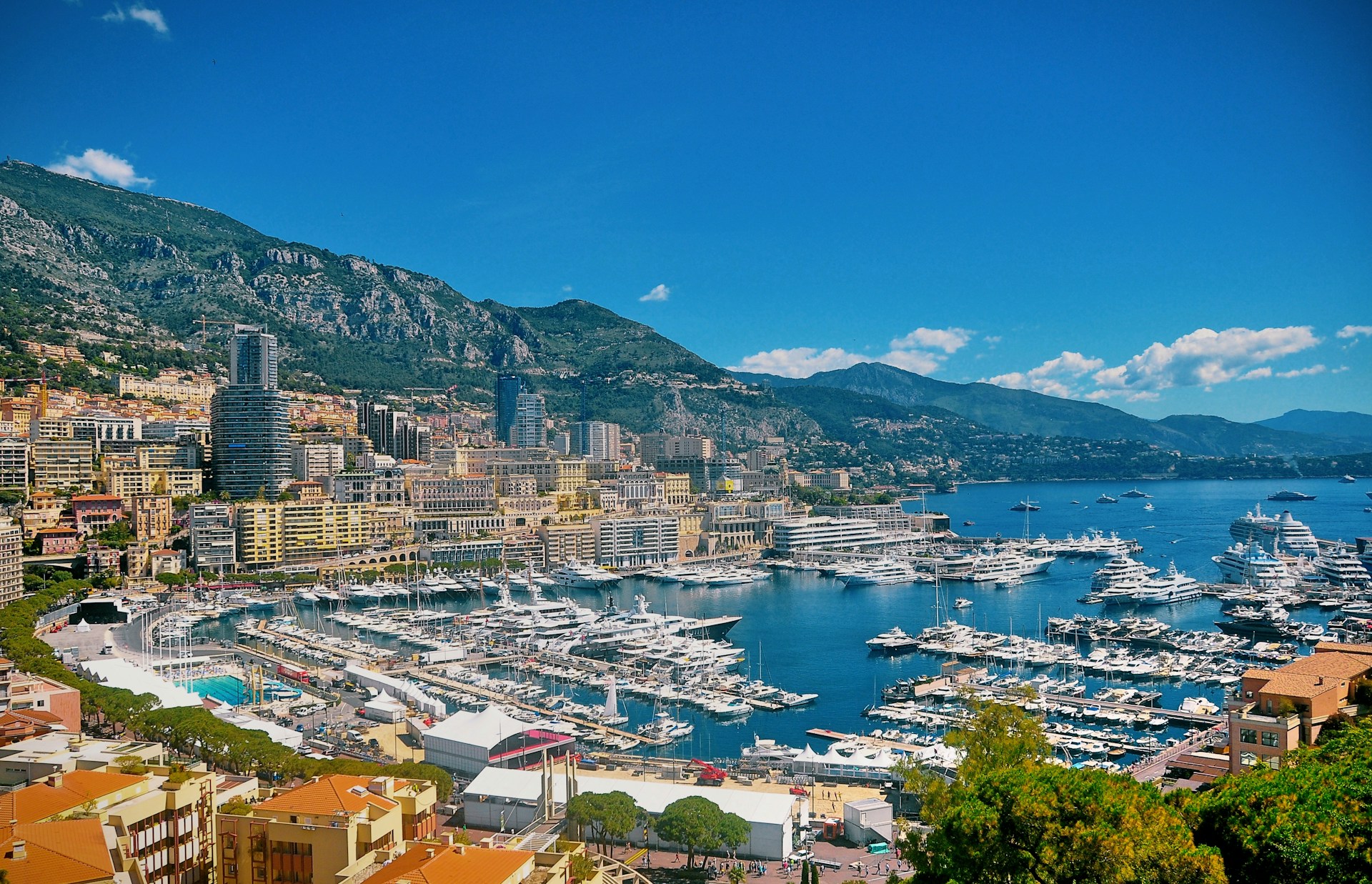 aerial view of Monaco city, overlooking the sea and harbour
